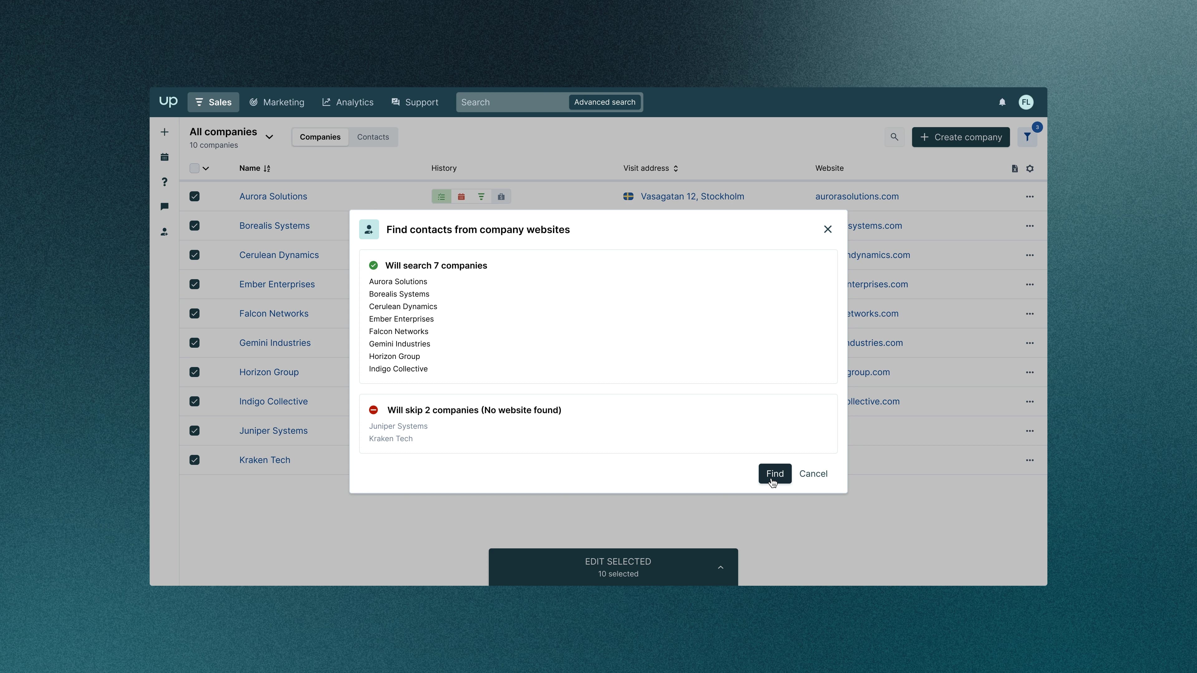 Prospecting agent on company & contact page