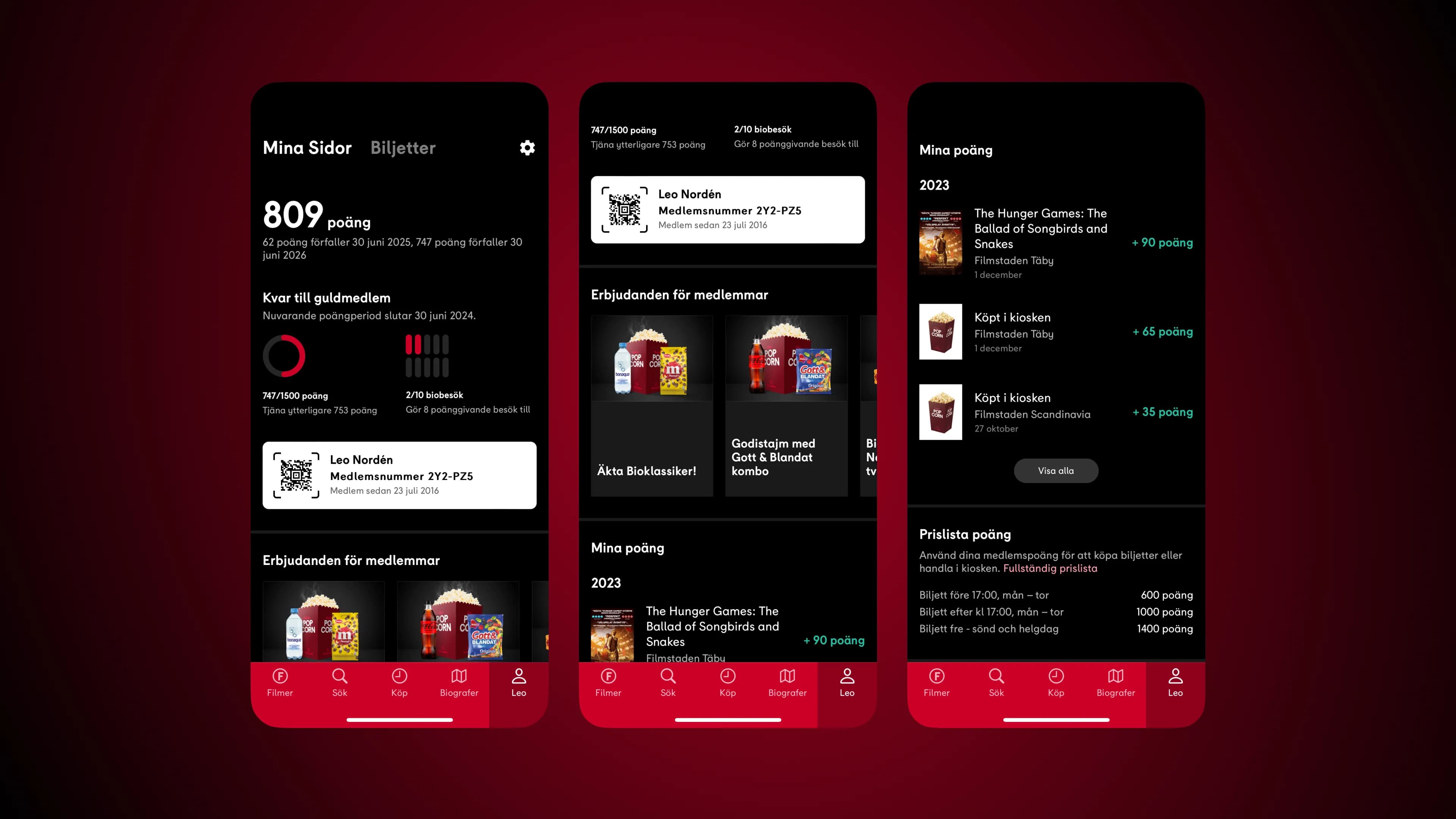 Filmstaden App overview showing three phone screens